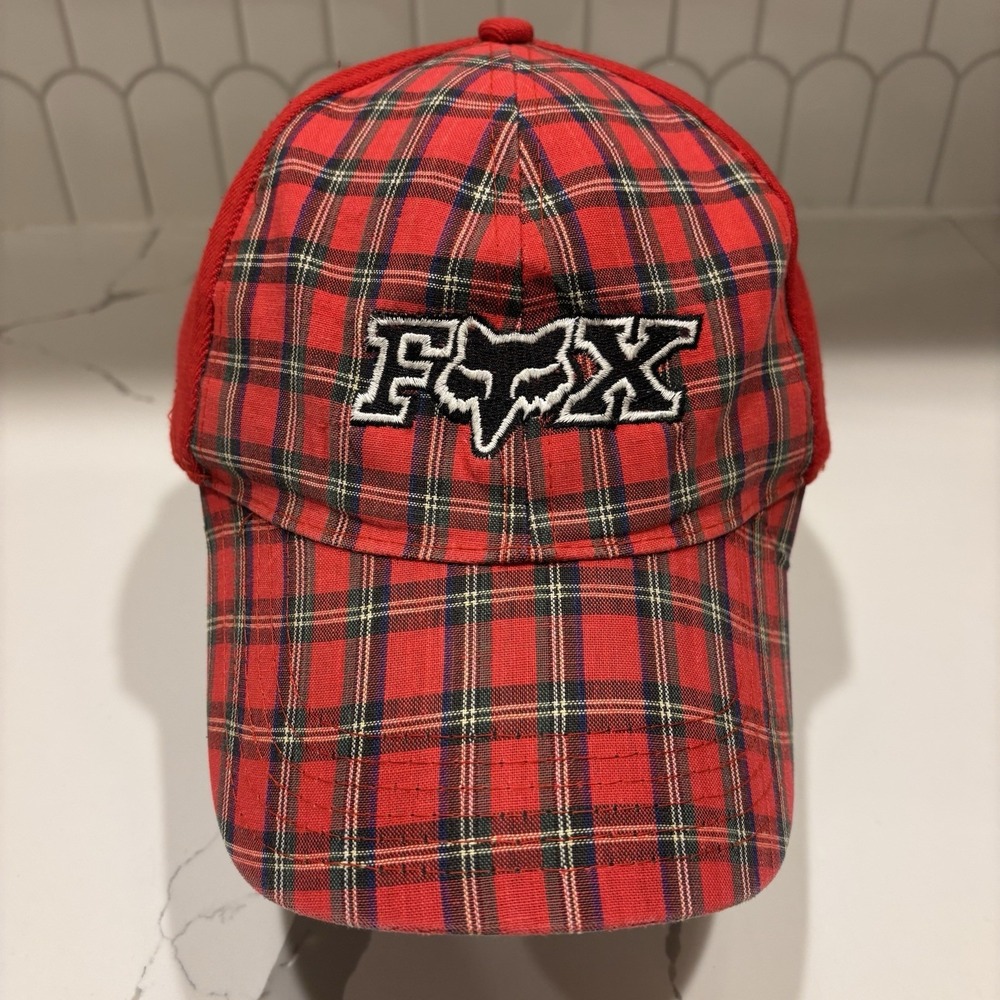FOX Racing Urban Plaid Strapback Hat Red Embroidered Adjustable Baseball Cap